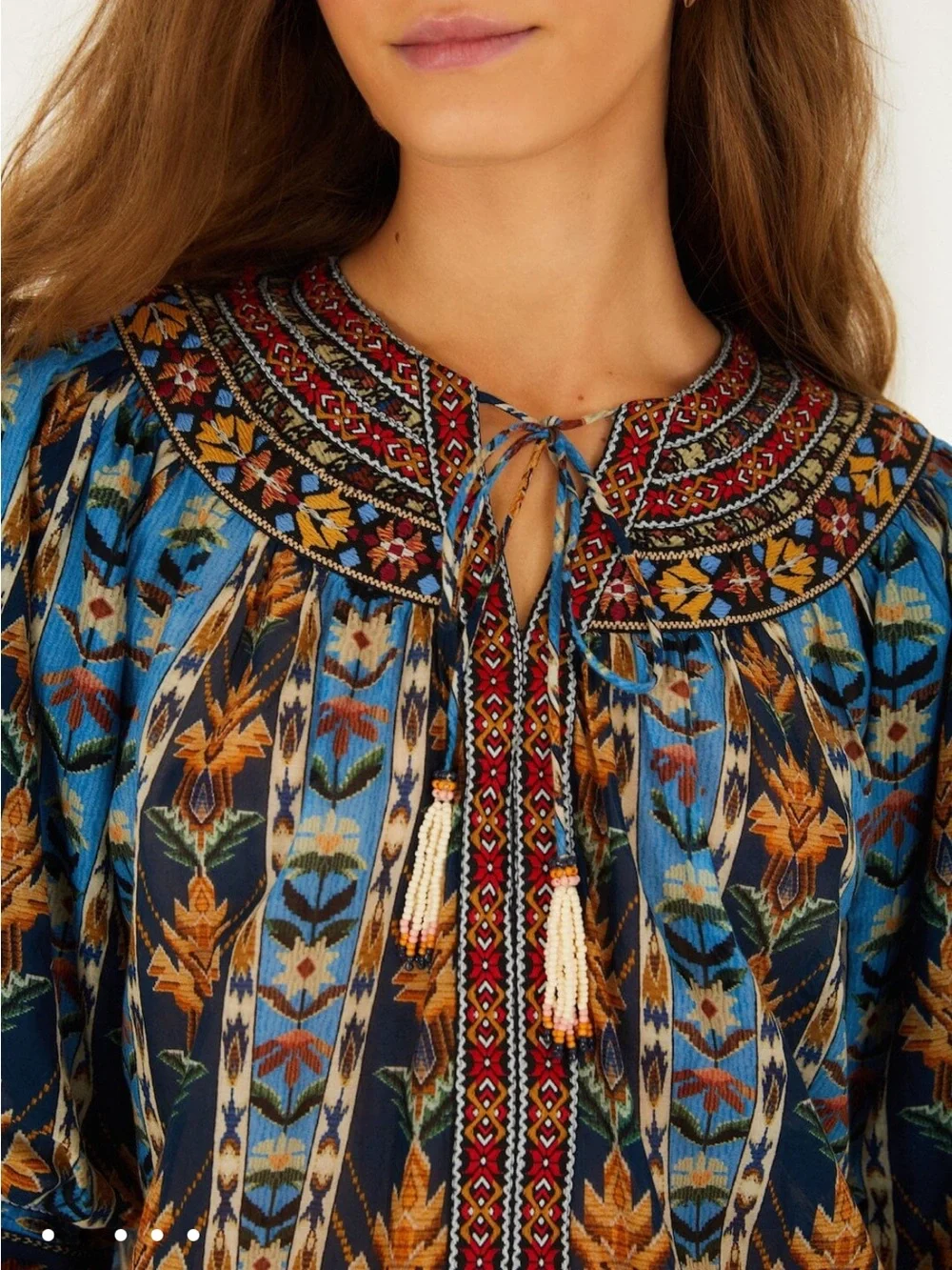 NWT Blue Embroidered Tapestry Tassels Puff Sleeve Blouse - Picture 2 of 3